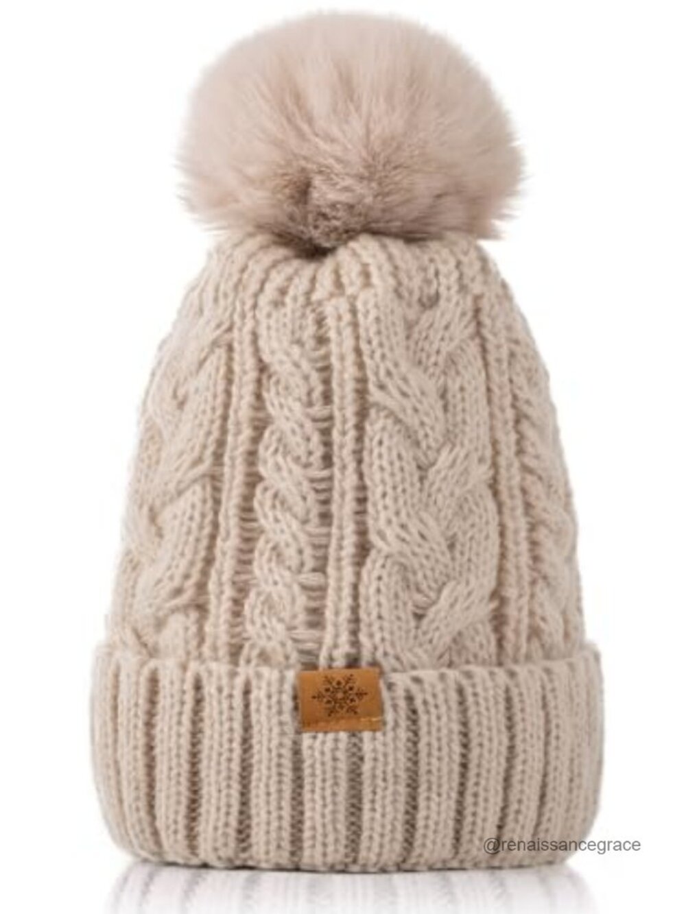 Fleece Lined Knit Beanie for Women, Warm Winter Hat with Faux Fur Pom Pom